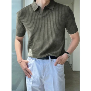Cool Tarz Haki Erkek Fitilli Polo Yaka Triko T-Shirt