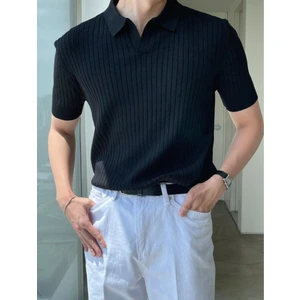 Cool Tarz Siyah Erkek Fitilli Polo Yaka Triko T-Shirt
