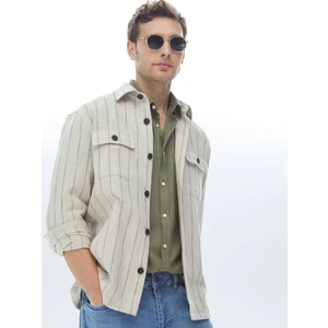 Bej Çizgili Oversize Fit Dokuma %100 Pamuk Overshırt