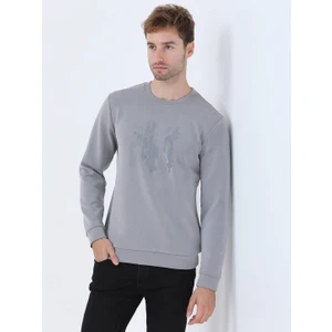 Gri Bisiklet Yaka Baskılı Sweatshırt