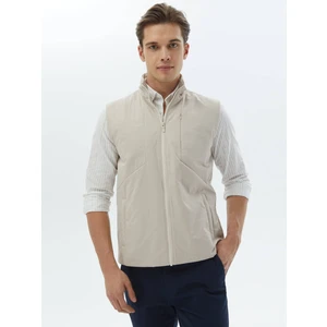 Ekru Regular Fit Dik Yaka Casual Dokuma Spor Yelek