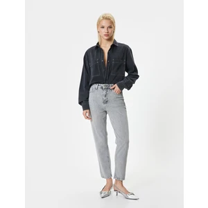 Yüksek Bel Kot Pantolon Cepli Düz Paça - Mom Jean