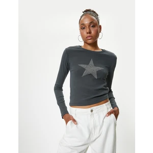 Uzun Kollu Tişört Yıldız Işlemeli Bisiklet Yaka Slim Fit