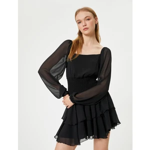 Mini Şifon Elbise Uzun Balon Kol Gipeli Kare Yaka Volanlı