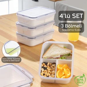 Meleni Home 4'lü 3 Bölmeli Kapaklı Dikdörtgen Saklama Kabı - Taşınabilir Kahvaltılık Diyet ve Beslenme Kutusu