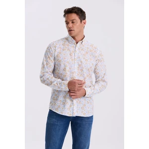 Mavi Çiçek Desenli Yaka Düğmeli Comfort Fit Gömlek