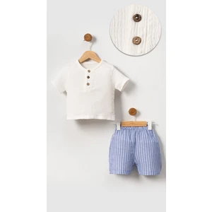 Unisex Bebek&çocuk %100 Pamuklu Çizgili Düğmeli Müslin Şort Takım-Mavi