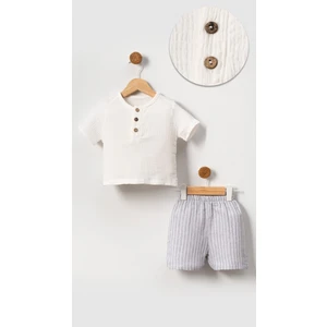 Unisex Bebek&çocuk %100 Pamuklu Çizgili Düğmeli Müslin Şort Takım-Gri