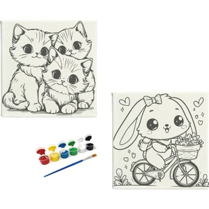 Dudu Ahşap Anaokulu İlkokul  Etkinliği 2'li Tuval Boyama Seti 20 x 20 cm Uv Baskı + 6 Akrilik Boya + 1 Fırça Model 35