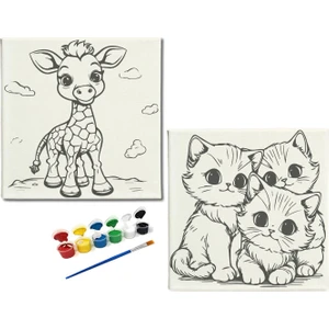 Dudu Ahşap Anaokulu İlkokul Etkinliği 2'li Tuval Boyama Seti 20 x 20 cm Uv Baskı + 6 Akrilik Boya + 1 Fırça Model 02