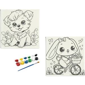 Dudu Ahşap Anaokulu İlkokul Etkinliği 2'li Tuval Boyama Seti 20 x 20 cm Uv Baskı + 6 Akrilik Boya + 1 Fırça Model 38