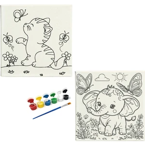 Dudu Ahşap Anaokulu İlkokul  Etkinliği 2'li Tuval Boyama Seti 20 x 20 cm Uv Baskı + 6 Akrilik Boya + 1 Fırça Model 45