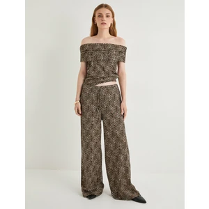 Leopar Desenli Pantolon Wide Leg Beli Bağcıklı Relax Fit