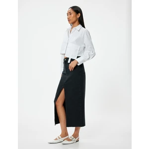 Midi Kot Etek Yüksek Bel Düğmeli Yırtmaç Detaylı