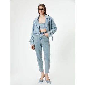 Yüksek Bel Lastikli Kot Pantolon Kısa Paça - Mom Jean