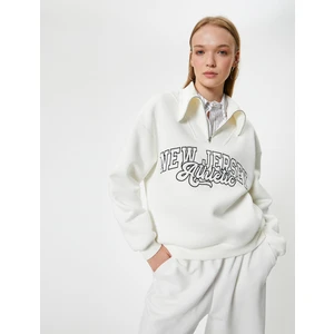 Kolej Sweatshirt Baskılı Yarım Fermuarlı Relax Fit Işlemeli Ribanalı
