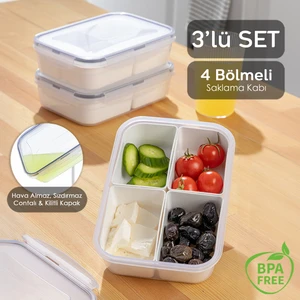 Meleni Home 3'lü 4 Bölmeli Kapaklı Dikdörtgen Saklama Kabı - Taşınabilir Kahvaltılık Diyet ve Beslenme Kutusu
