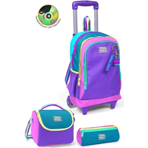 Coral High Kids Pembe Pastel Renkli Üç Bölmeli Çekçekli 3'lü Çanta Seti SET0123959