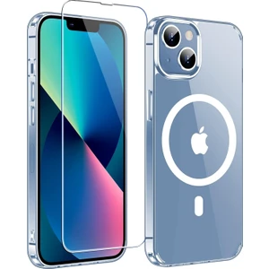 iPhone 14 Plus Magsafe Şeffaf Kılıf & Cam Ekran Koruyucu (2'li Paket)