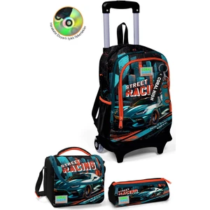 Coral High Kids Gri Nefti Anime Motorsiklet Desenli Üç Bölmeli Çekçekli 3'lü Çanta Seti SET0123964