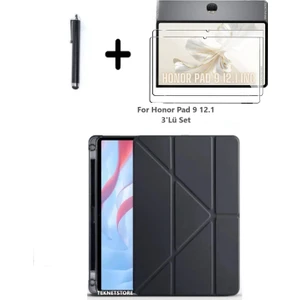 TEKNETSTORE Honor Pad 9 12.1 Inç Uyumlu Kalem Bölmeli Standlı Silikon Kılıf + Ekran Koruyucu + Kalem 3'lü Set