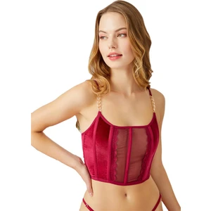 Vişne Ayarlanabilir Lastikli Tül Detaylı Kadın Kadife Bralet