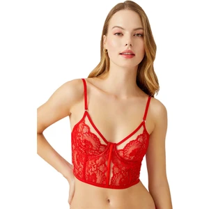 Kırmızı Ayarlanabilir Lastikli Balenli Transparan Dantelli Bralet