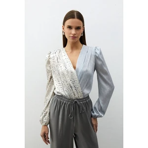 Çift Desenli Kruvaze Bluz - Gri