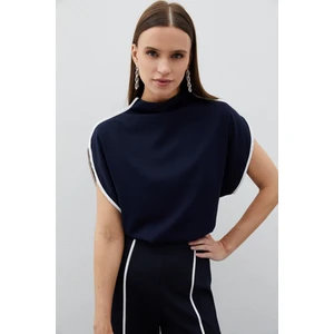Boğazlı Kontrast Bluz - Lacivert