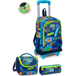 Coral High Kids Saks Grafiti Desenli Üç Bölmeli Çekçekli 3'lü Çanta Seti SET0123967
