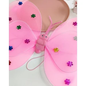 Pembe Tül Kelebek Model Pullu Çiçekli Lastikli Sırta Takılan Kanat