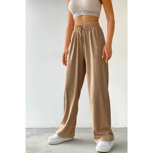 Kadın Beli Lastikli Yazlık Dokulu Bürümcük Palazzo Pantolon