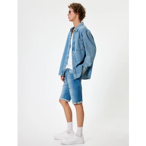 Slim Fit Kot Şort Bermuda Katlama Paçalı Düğme Detaylı