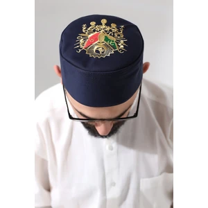 Lacivert Kapitone Osmanlı Arma Nakışlı Kalıp Namaz Takkesi