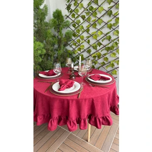 Decamor Home Soft Kumaş Leke Tutmaz Vintage Bordo Yuvarlak Fırfırlı Masa Örtüsü