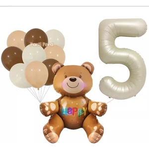 Ayı Folyo Balon Kahverengi Ten Rengi Beyaz Pastel Balon Set Doğum Günü Balon Seti Krem Rakam Folyo Balon