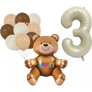Ayı Folyo Balon Kahverengi Ten Rengi Beyaz Pastel Balon Set Doğum Günü Balon Seti Krem Rakam Folyo Balon