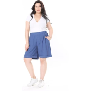 Kadın Büyük Beden Gri Bürümcük Kumaş Beli Lastikli Yan Cepli Şort 65N37979