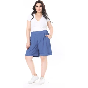 Kadın Büyük Beden Gri Bürümcük Kumaş Beli Lastikli Yan Cepli Şort 65N37979