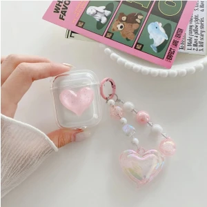 Bilişim Aksesuar Air Pods 1.ve 2.nesil Uyumlu Pembe Kalp Desenli Charmlı Kılıf Koruma