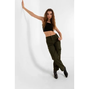 Pamuklu Esnek Kumaş Palazzo Wide Leg Yüksek Bel Kadın Kargo Cep Pantolon @floransa