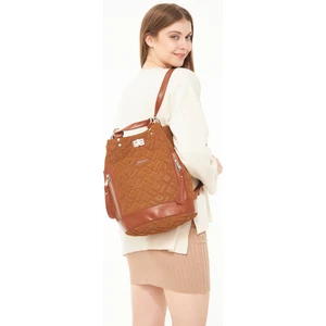 Süet Taba Kapitone Nakışlı Büzgülü Kadın Sırt Çantası