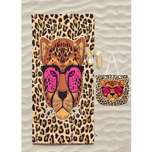 Erays Home Leopar Desenli Plaj Havlusu ve Plaj Çantası Set Banyo Havlusu Dijital Baskılı Havlu