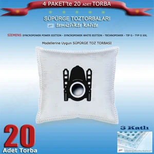 Siemens Syncropower Power Edition - Syncropower White Edition - Technopower - Tip G - Typ G Xxl Serilerine Uygun 20 Adet Süpürge Toz Torbası 200620