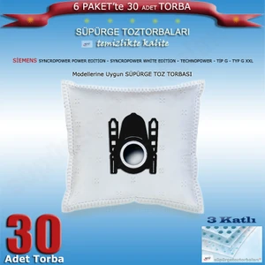 Siemens Syncropower Power Edition - Syncropower White Edition - Technopower - Tip G - Typ G Xxl Serilerine Uygun 30 Adet Süpürge Toz Torbası 200620