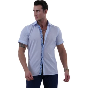 Exve Exclusive Mavi Flamlı Keten Yaka ve Göğüs Pat Baskı Detaylı Slim Fit Kısa Kollu Yazlık Gömlek