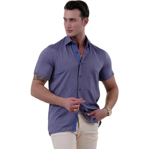 Exve Exclusive Lacivert Yıkamalı Kot Görünümlü 100% Pamuk Yazlık Slim Fit Kısa Kollu Gömlek