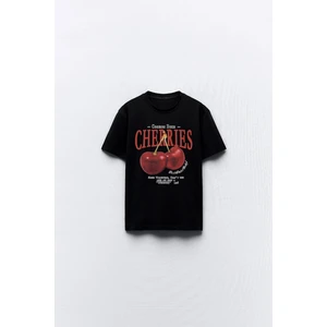 The Champ Clothing Cherries Yazılı Kiraz Tasarım Baskılı Siyah Kadın T-Shirt
