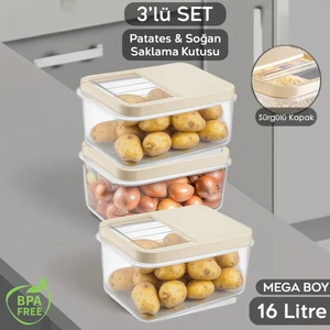 Meleni Home 3'lü 16 Litre Sürgülü Kapak Sebzelik, Patates Soğan Sebze Saklama Kabı, Erzak Saklama Kabı-Krem