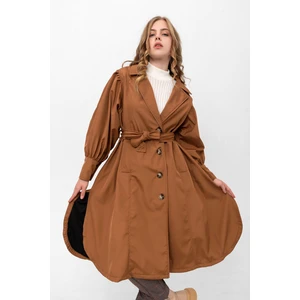Kadın Balon Kol Yırtmaçlı Düğmeli Kuşaklı Oversize Uzun Mevsimlik Trençkot 2113
